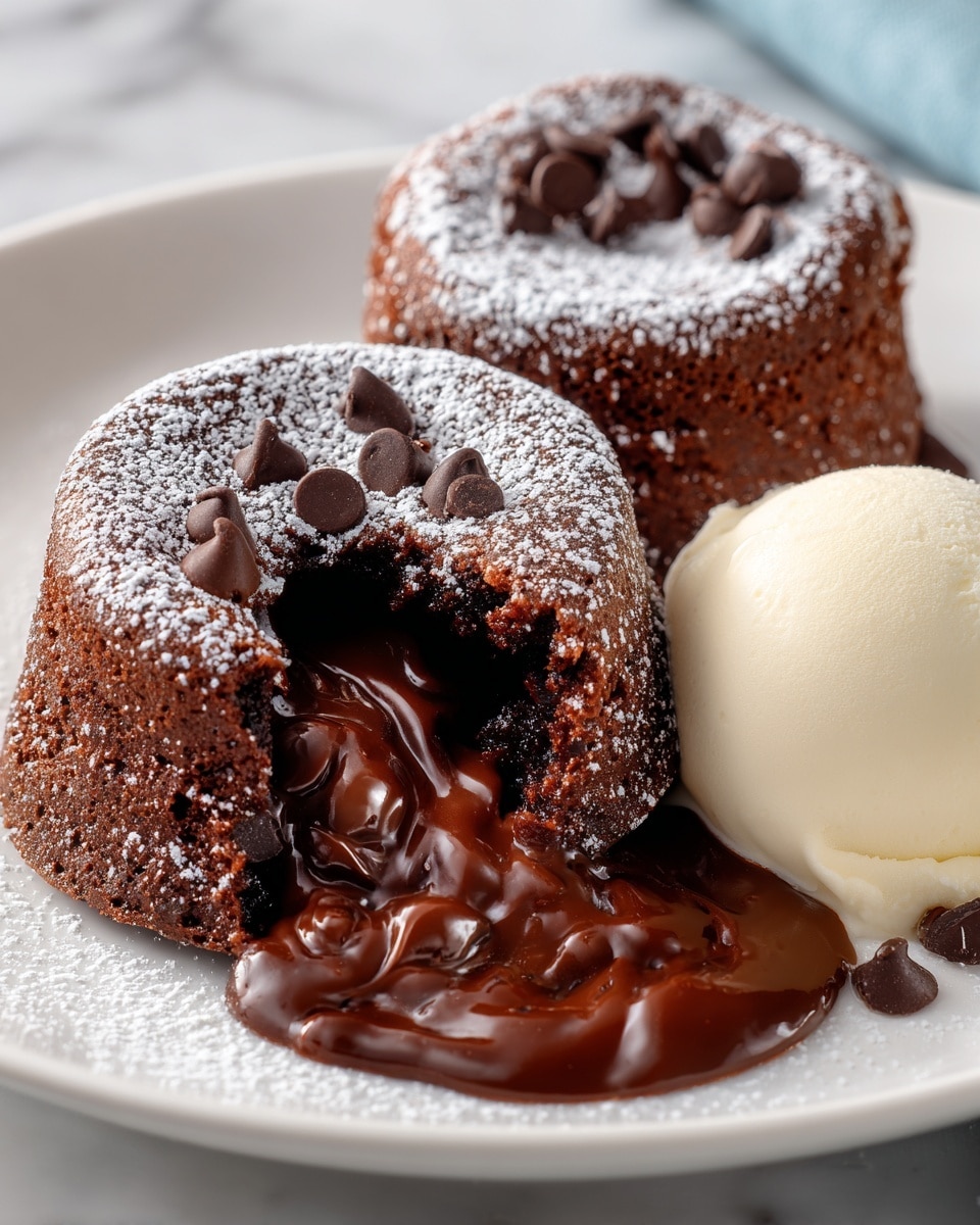 The image shows two chocolate lava cakes on a white plate with powdered sugar sprinkled on top and around them. One cake is whole with a slightly rough texture and chocolate chips on top, while the other is cut open, revealing a thick, glossy, liquid chocolate center flowing out onto the plate with some chocolate chips mixed in. Beside the cakes is a smooth, round scoop of creamy vanilla ice cream, adding a creamy white contrast to the dark chocolate. The white plate is placed on a white marbled surface. Photo taken with an iphone --ar 4:5 --v 7