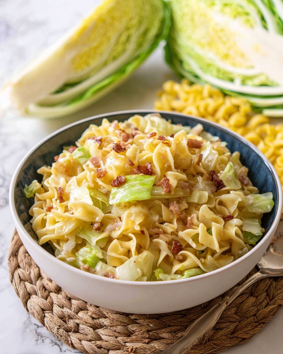 A white bowl with a dark blue inside edge is filled with a mix of wide yellow egg noodles and cooked cabbage pieces that are pale green and light brown from cooking, scattered with small bits of browned onions or bacon. The noodles are soft and curly, layered with the cabbage so both colors and textures are visible throughout. Behind the bowl, two thick wedges of fresh cabbage with light green outer leaves and white inner leaves rest on a white marbled surface, and some raw yellow egg noodles are spread nearby. A spoon lies next to the bowl on a woven mat. photo taken with an iphone --ar 4:5 --v 7
