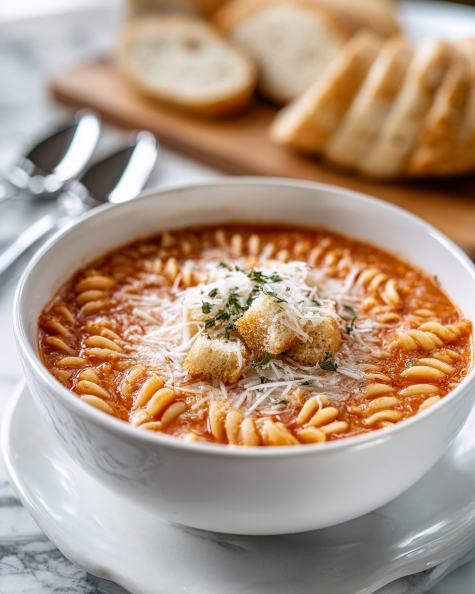 A white bowl filled with creamy tomato soup that has visible rotini pasta mixed throughout, giving the dish a textured orange and light beige look. On top, there are golden-brown croutons arranged in the center, covered with shredded white cheese, with a light sprinkle of green herbs adding a touch of color. The bowl is placed on a white marbled surface, with slices of crusty white bread on a wooden board blurred in the background, and two shiny silver spoons resting nearby. Photo taken with an iphone --ar 4:5 --v 7