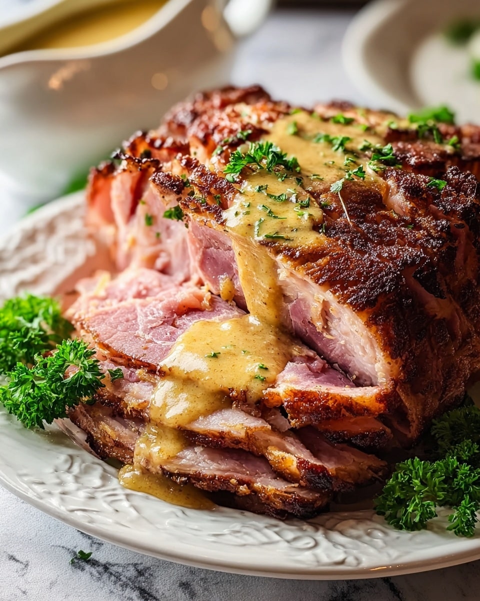 A thick piece of roasted ham with a crispy, dark brown crust is sliced several times, revealing layers of pink meat inside. A creamy, light brown mustard sauce is poured over the top and seeps down between the slices. Bright green parsley leaves are placed decoratively on and around the ham on a white plate with a subtle carved edge. The plate sits on a white marbled surface, and a white gravy boat with extra sauce can be seen blurred in the background. The lighting highlights the juicy texture of the ham and the creamy sauce, giving the dish a warm and appetizing look. photo taken with an iphone --ar 4:5 --v 7
