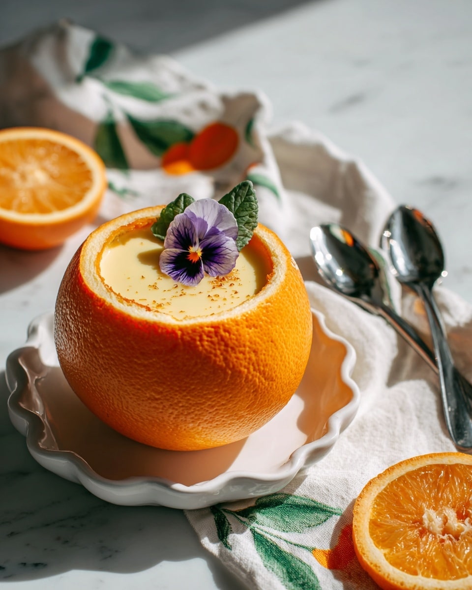 Three small round desserts served in hollowed orange halves, each resting on a white scalloped plate, are placed on a white marbled surface. Each dessert has a smooth, creamy pale yellow custard with a golden brown caramelized top layer. Two of the desserts are decorated with purple and white edible flowers on the edge of the orange skin. A spoon sits on a white cloth napkin with green leaves and yellow fruit patterns next to the desserts. The setting looks bright and fresh with clear, natural light. photo taken with an iphone --ar 4:5 --v 7
