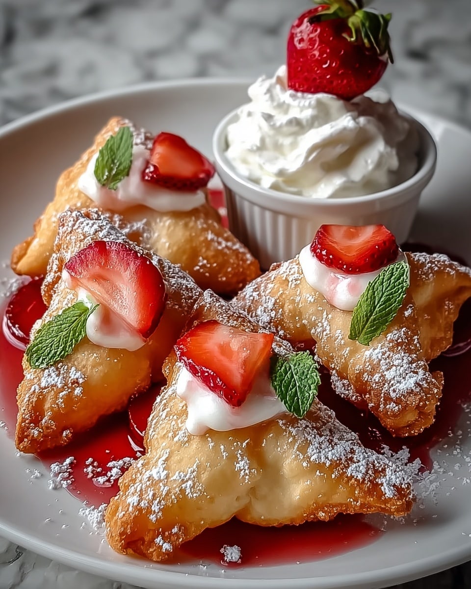 A white plate holds several golden-brown, triangular fried pastries dusted with white powdered sugar. The pastries are topped with bright red strawberry slices and small green mint leaves, while a red syrup pools beneath them. Behind the pastries, there is a small white bowl filled with white whipped cream and topped with a whole strawberry. The plate sits on a white marbled surface. photo taken with an iphone --ar 4:5 --v 7