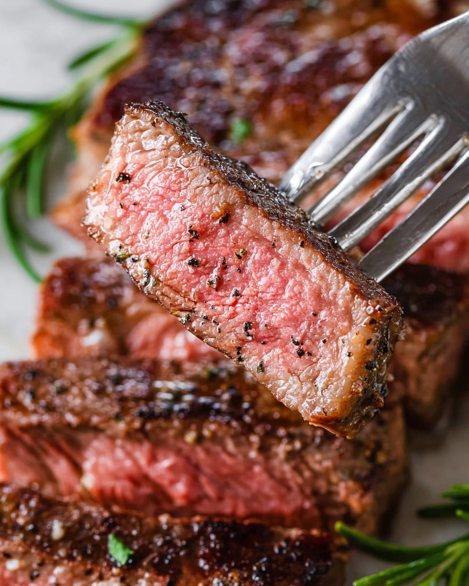 A close-up image shows a thick slice of medium-rare steak with a pink center and brown, seared crust, held by a silver fork. The steak has a juicy, slightly shiny texture with visible coarse black pepper seasoning on the surface. In the background, more slices of steak layer beneath the front piece, and a few green rosemary sprigs add a touch of color. The whole scene is set against a white marbled texture. photo taken with an iphone --ar 4:5 --v 7