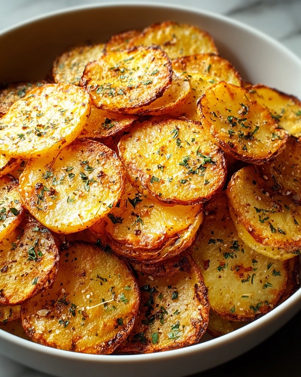 The image shows a bowl filled with golden brown roasted potato slices arranged in layers. Each potato slice is crispy on the edges with a slightly soft, yellow center. The slices are sprinkled with fine green herb bits and small black pepper flakes, adding texture and color. The bowl is white, and the background is a white marbled texture. photo taken with an iphone --ar 4:5 --v 7