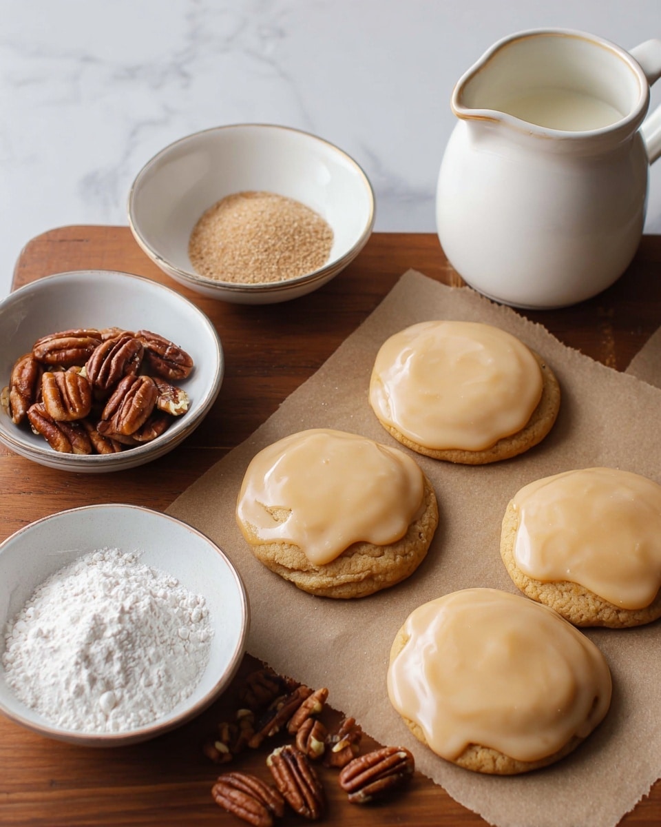 The image shows a close-up of a stack of three round cookies with a thick, smooth caramel-colored glaze dripping slightly over the edges. The top cookie has a bite taken out, revealing a soft, crumbly, golden interior with a slightly coarse texture. The cookies are pale beige, and the glaze is shiny and creamy, covering the entire top surface of each cookie. More glazed cookies are blurred in the background on a white marbled surface. photo taken with an iphone --ar 4:5 --v 7