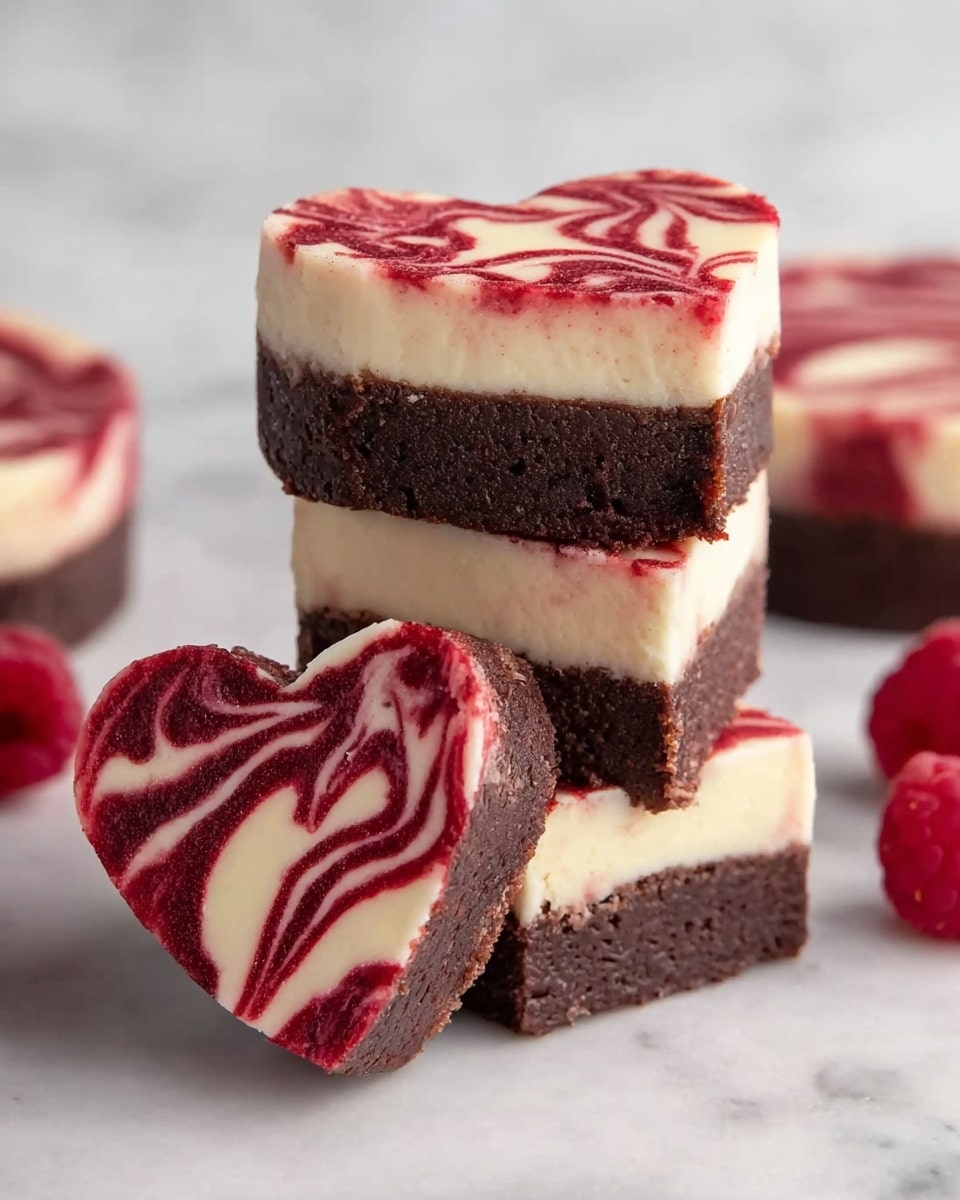 The image shows a stack of three round layered desserts with a heart-shaped one leaning against them in the front. Each dessert has two layers: a thick, dark brown bottom layer with a moist and dense texture, and a top creamy white layer with red swirls creating a marbled pattern. The heart-shaped dessert in front highlights the swirl design more clearly. The background and surface have a white marbled texture, with some red raspberries scattered around. photo taken with an iphone --ar 4:5 --v 7