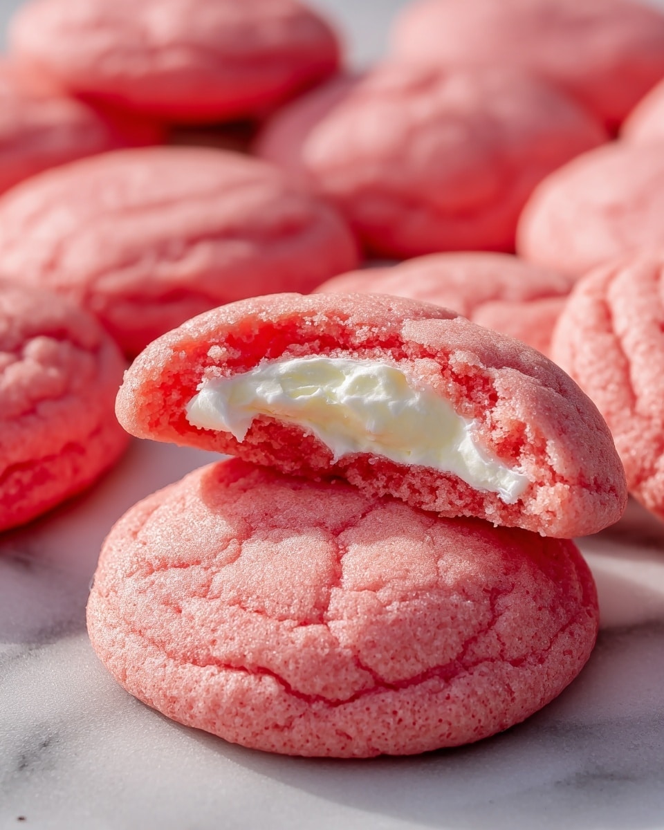 The image shows soft, round pink cookies with a crackled top texture, arranged closely together on a white marbled surface. One cookie is broken open in the front, revealing a thick, creamy white filling inside, contrasting with the smooth, slightly grainy pink exterior. In the background, more cookies are visible, some with and some without the white filling, all maintaining the same soft and fluffy texture. The scene is bright and clear with natural sunlight enhancing the colors and details. photo taken with an iphone --ar 4:5 --v 7