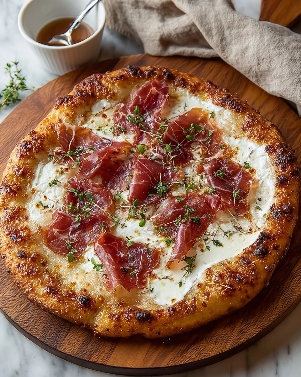 A round pizza with a thick, golden-brown crust that is bubbly and slightly charred in spots sits on a wooden board. The pizza has a creamy white cheese layer spread unevenly, with soft, melted pools scattered across the surface. Thin slices of reddish-pink cured meat are placed on top in a loose, folded manner. Small green herb leaves are sprinkled generously over the pizza, adding fresh color contrast. A beige cloth and a small white bowl with a spoon are visible next to the wooden board, all set against a white marbled texture. photo taken with an iphone --ar 4:5 --v 7