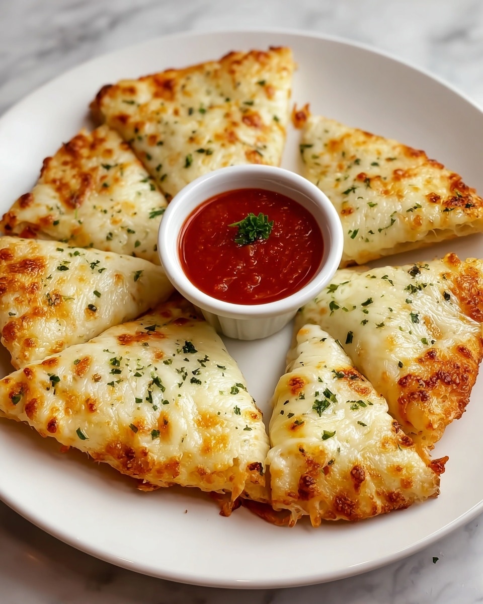 A white plate holds six triangular slices of cheesy garlic bread arranged in a circle, each slice topped with a thick, bubbly layer of melted white cheese sprinkled with finely chopped green herbs. The cheese has golden brown spots indicating it has been baked to a light crisp. In the center of the plate, there is a small white cup filled with bright red marinara sauce garnished with a small green herb leaf. The plate rests on a white marbled surface, giving a clean, fresh look. photo taken with an iphone --ar 4:5 --v 7