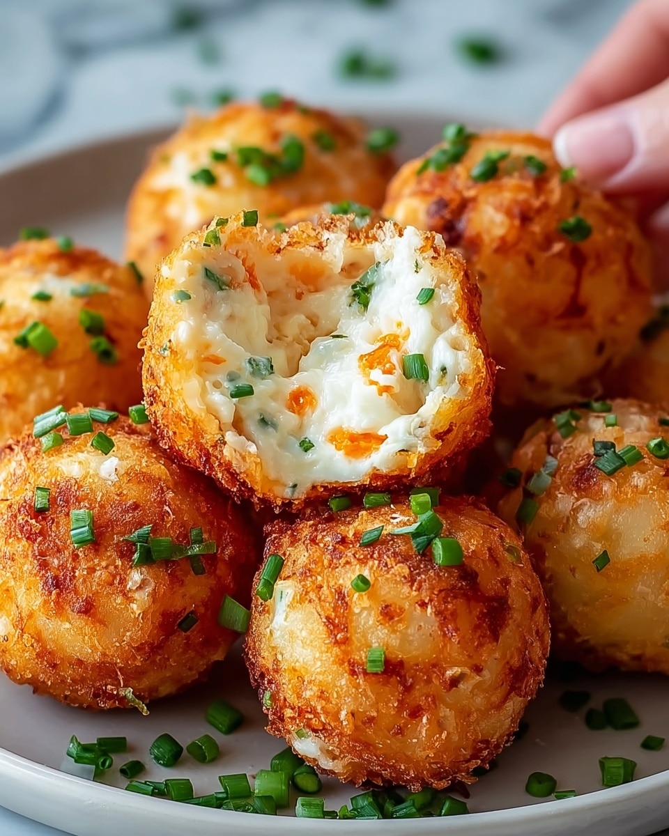 The image shows round, golden-brown fried balls with a crunchy outer layer. One ball is cut open, revealing a creamy white inside mixed with small orange bits and green chopped chives scattered throughout. The dish is presented on a white plate, with extra green chives sprinkled on top and around the balls. The texture of the outer shell is rough and crispy, contrasting with the smooth and soft inner filling. The background has a white marbled texture, and a woman's hand is seen holding one of the balls. photo taken with an iphone --ar 4:5 --v 7
