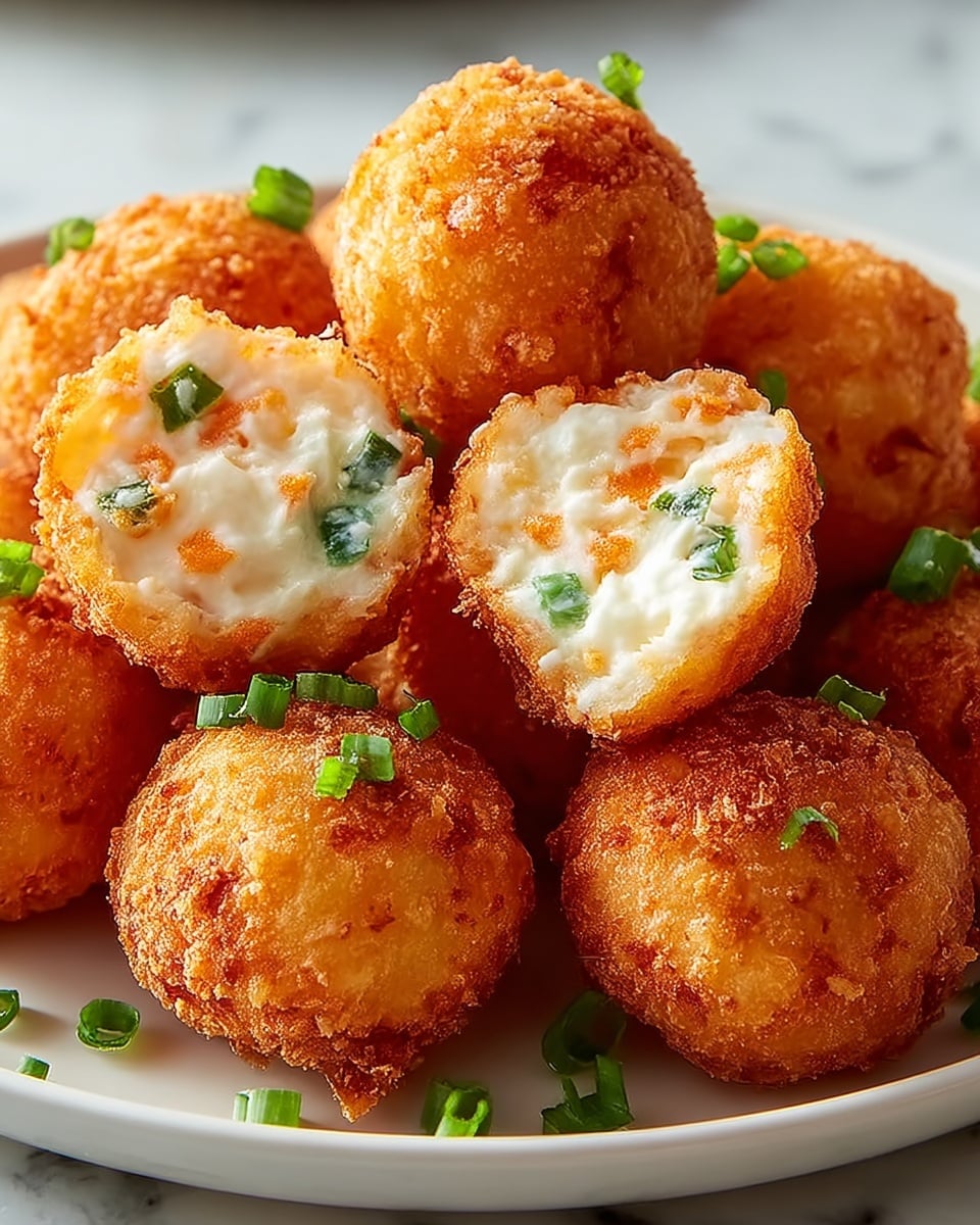 The image shows several small, round, golden-brown fried balls arranged closely on a white plate, set on a white marbled surface. Each ball has a crispy, textured outer crust with a slightly bumpy appearance. One ball is cut in half, revealing a creamy white inside filled with small bits of orange and green, with the green pieces resembling chopped scallions. A few pieces of chopped green scallions are scattered on the balls and the plate, adding a touch of fresh green color. The lighting highlights the crunchiness and smooth creamy filling of the balls. photo taken with an iphone --ar 4:5 --v 7