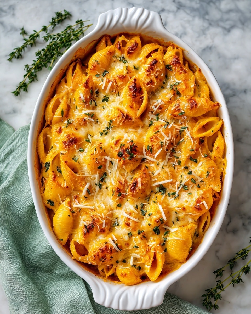The image shows a creamy cheesy pasta dish with shell-shaped pasta coated in a rich, golden-yellow cheese sauce. The dish has several layers, including the soft pasta shells, melted cheese sauce, and light green bits of herbs or vegetables scattered throughout. The top is sprinkled with shredded cheese and small specks of black pepper, adding texture and color contrast. A silver spoon lifts some of the pasta, revealing the gooey melted cheese. The dish is served in a white ceramic pot with red handles, sitting on a white marbled surface. Photo taken with an iphone --ar 4:5 --v 7