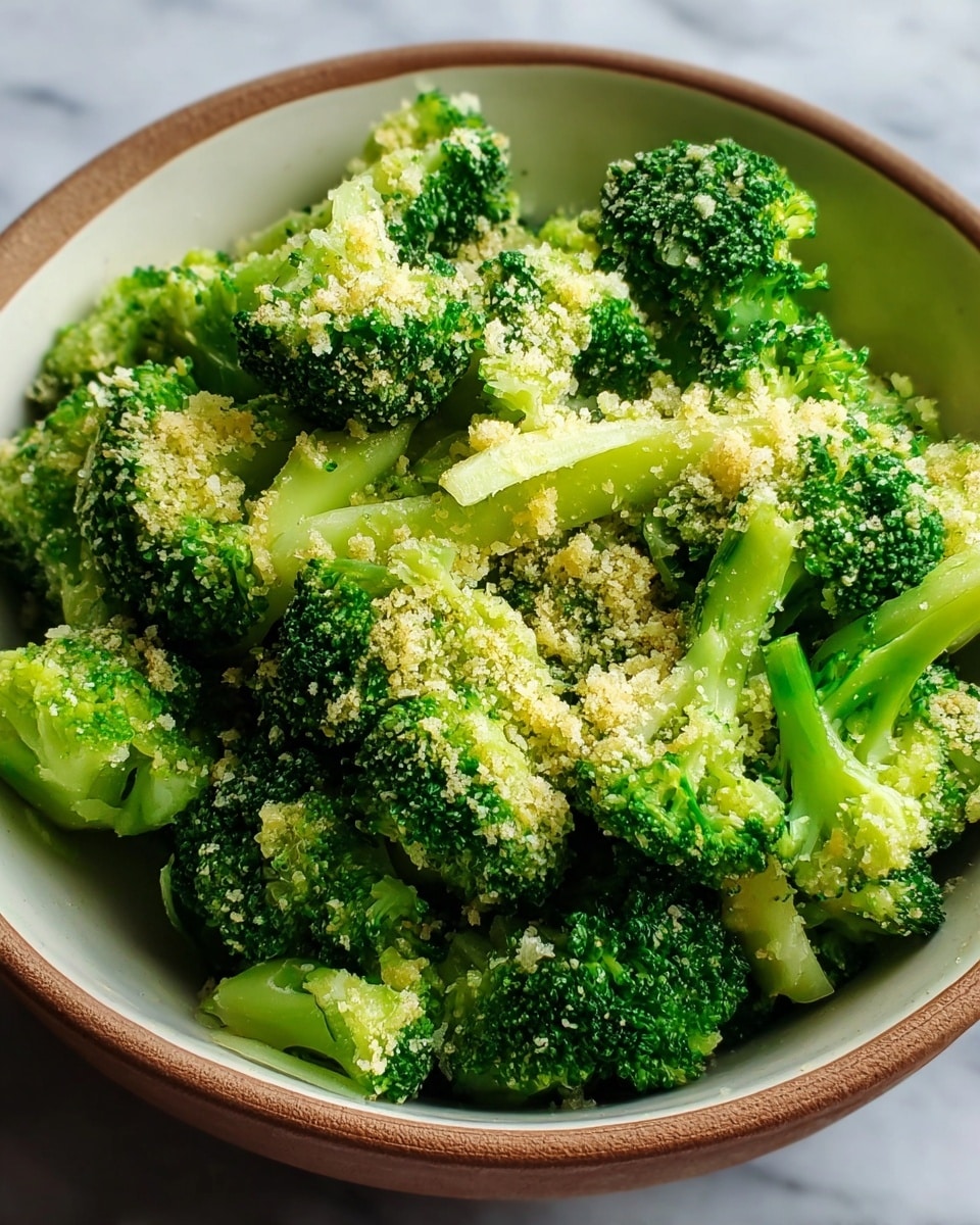 A close-up view of bright green broccoli florets in a white bowl with a thin brown rim, coated evenly with light yellow crumbly seasoning or cheese, showing a mix of thick and thin stalks with a fresh, textured look, all placed on a white marbled surface photo taken with an iphone --ar 4:5 --v 7
