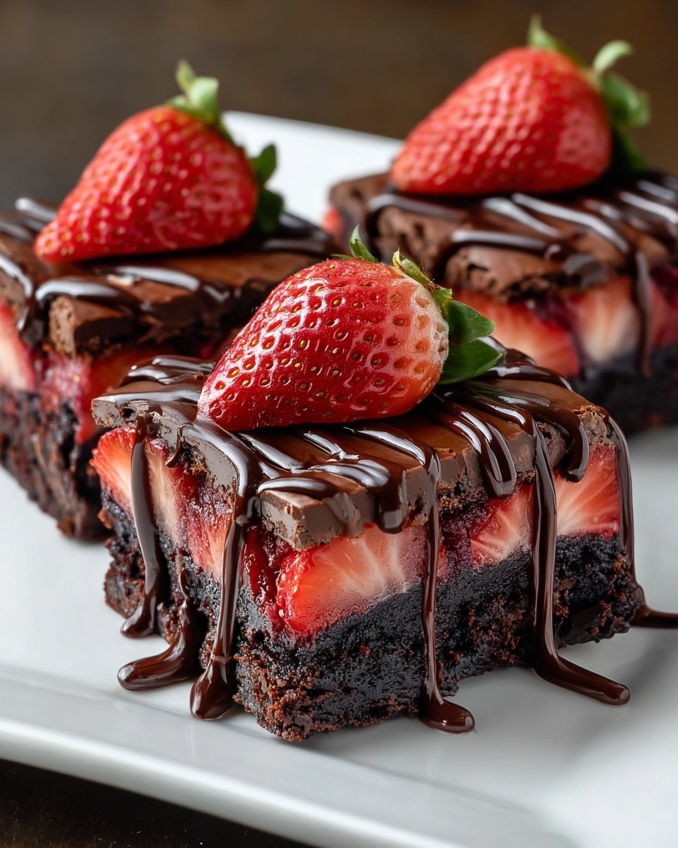 Three square chocolate brownies are placed on a white plate on a white marbled surface. Each brownie has three visible layers: a dark, moist chocolate base, a middle layer with fresh red strawberry slices embedded in rich dark chocolate, and a smooth, shiny chocolate top layer. On top of each brownie, dark chocolate drizzle runs in thick, wavy lines. A red strawberry half with green leaves is placed on each brownie, adding a fresh and bright contrast to the dark chocolate. photo taken with an iphone --ar 4:5 --v 7