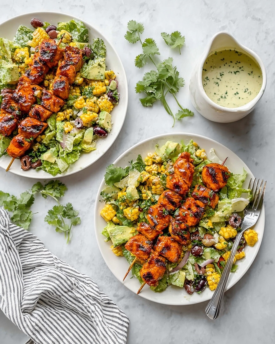Two white plates are placed on a white marbled surface, each containing a vibrant meal. On each plate, there are two skewers of grilled chicken with a shiny, dark orange glaze showing grill marks, positioned on the left side. Next to the chicken is a fresh salad made of green lettuce, yellow grilled corn pieces, red tomato slices, black olives, and avocado chunks, all mixed together with a creamy dressing. A silver fork rests on the right edge of both plates. To the upper right of the plates, there is a white jug filled with a creamy sauce garnished with green herbs. Scattered green cilantro leaves add a fresh touch around the plates. A white napkin with black stripes is seen folded in the bottom left corner. Photo taken with an iphone --ar 4:5 --v 7