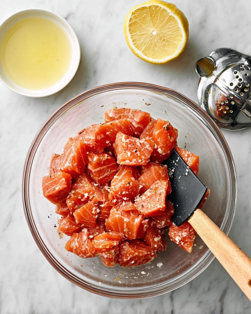 A clear glass bowl filled with bright orange-red salmon chunks mixed with a grainy white garlic and black pepper seasoning, a black spatula with a light brown wooden handle resting inside it; above the bowl is a small white bowl holding pale yellow olive oil, below is a half lemon with its juicy interior showing, and a shiny silver metal lemon juicer on a white marbled surface. photo taken with an iphone --ar 4:5 --v 7