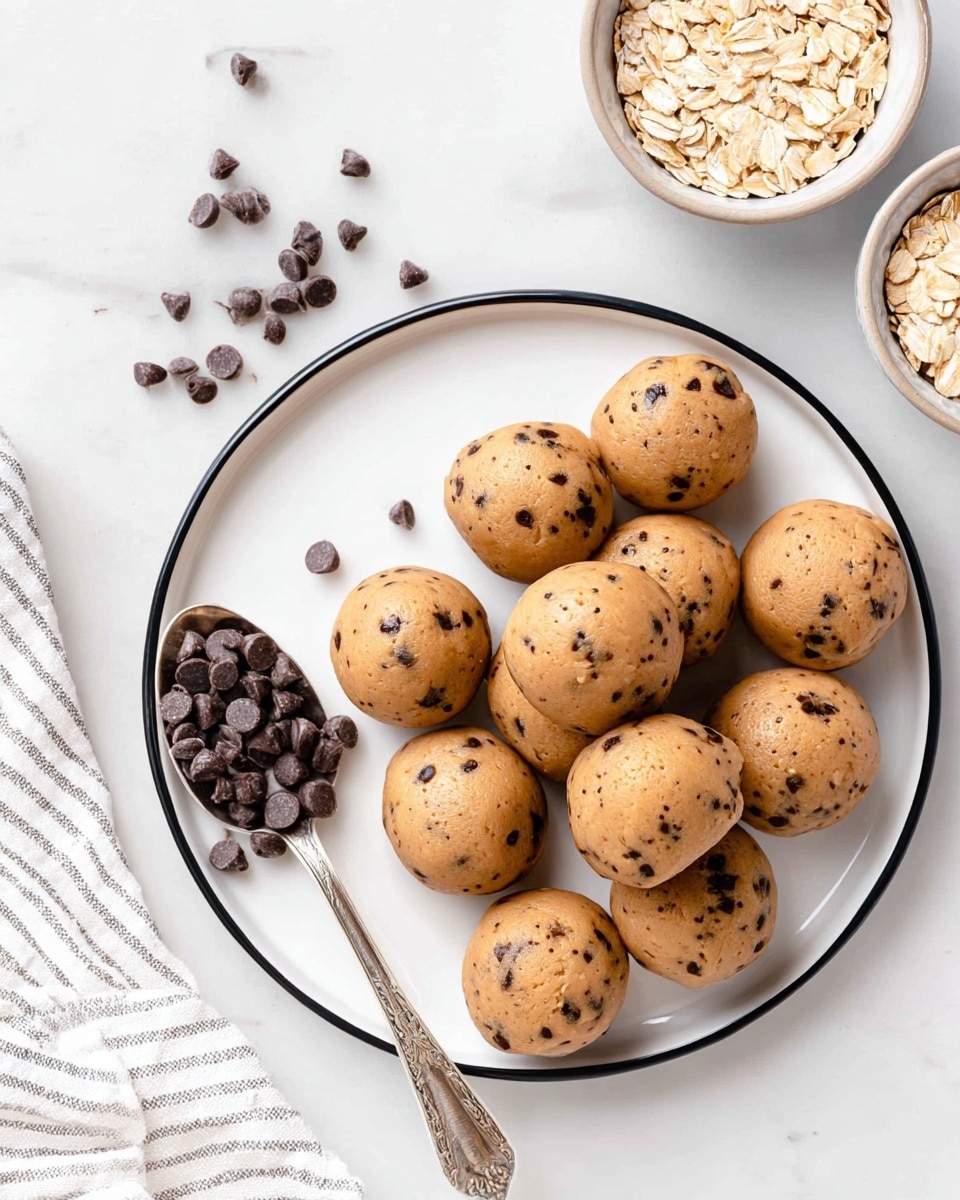 The image shows a white plate with a black rim filled with round, smooth balls of cookie dough that are light brown with small dark chocolate chips scattered throughout. On the plate, near the bottom left side, there is a vintage silver spoon holding small dark chocolate chips, some of which are also scattered around the spoon on the plate. In the upper part of the image, there are small bowls filled with oatmeal flakes, partly visible. The whole setup is placed on a white marbled surface with a white and gray striped cloth on the left side. photo taken with an iphone --ar 4:5 --v 7