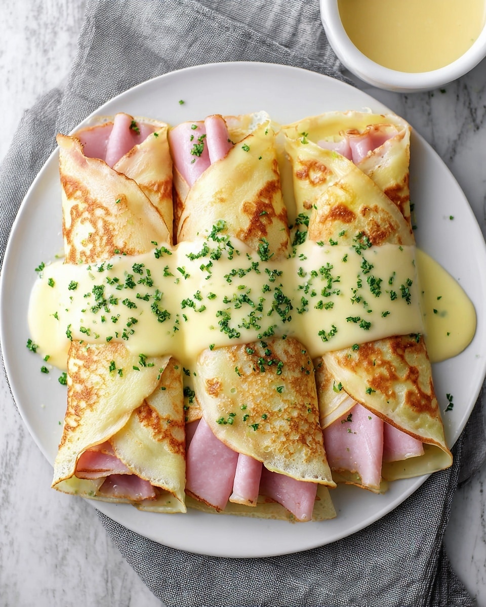 Three crepes are folded and laid side by side on a white plate, with each crepe showing a light golden brown, slightly crispy texture with thin, soft edges. Inside each crepe, slices of pink ham are visible, neatly stacked and peeking out from the open ends. The crepes are generously topped with a creamy pale yellow sauce that flows over the middle part of each one, sprinkled with finely chopped green herbs that add a fresh touch. The plate sits on a gray cloth over a white marbled surface, and a small white bowl with more sauce is partly visible in the upper right corner. Photo taken with an iphone --ar 4:5 --v 7