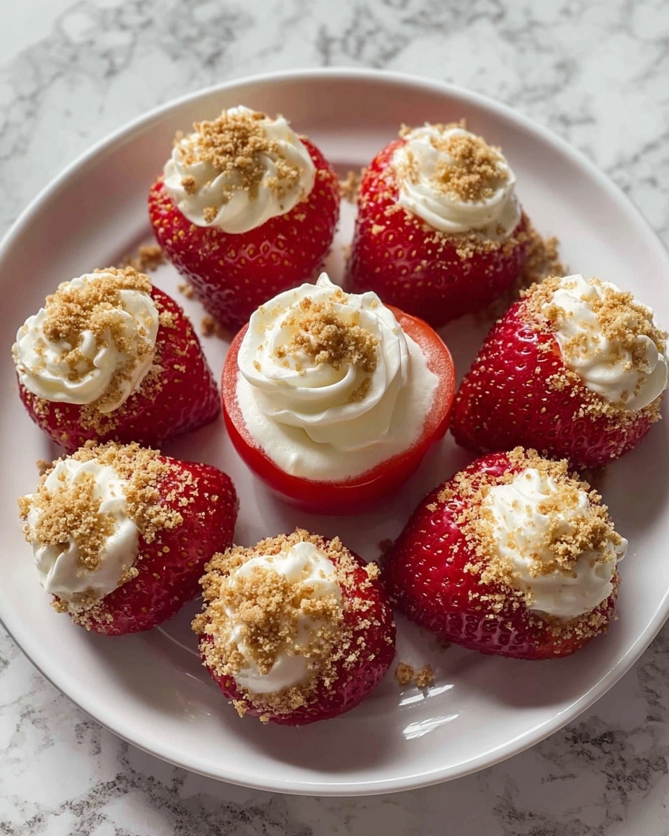 A white round plate holds eight hollowed strawberries arranged in a circle with one hollowed tomato filled with white whipped cream in the middle. Each strawberry is topped with a dollop of smooth white cream and sprinkled with light tan crumbs, while the tomato's cream swirls slightly higher with the same crumb topping. The strawberries are bright red with visible seeds and a shiny surface. The plate sits on a white marbled texture. photo taken with an iphone --ar 4:5 --v 7