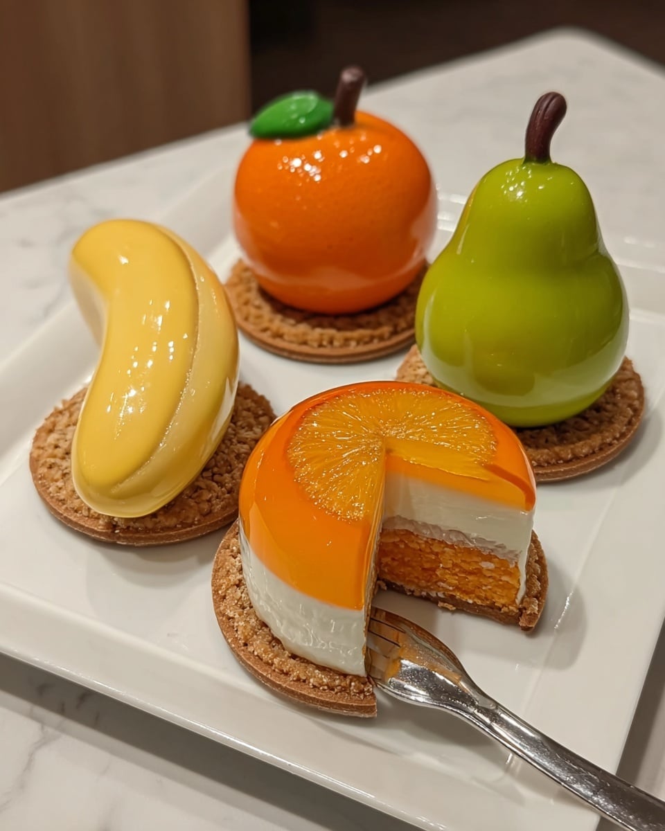 Four small fruit-shaped desserts sit on a white square plate, each on a round brown cookie base. One is shaped like a shiny light yellow banana with smooth texture. Another is a bright orange glossy sphere with a small green leaf on top. The third looks like a green pear with a brown stem and a smooth, slightly shiny surface. The last dessert is cut to show layers: a bright orange jelly-like dome on top, a thick white creamy middle layer, a textured orange center, and a thin brown cookie base. A silver fork touches the sliced dessert. The setting is on a white marbled surface. Photo taken with an iphone --ar 4:5 --v 7