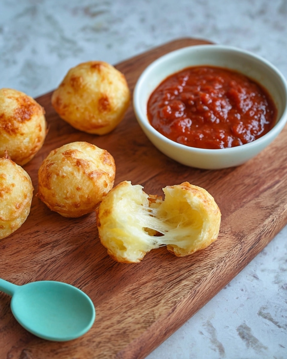 The image shows five small golden brown cheese bread balls arranged on a wooden board, with one piece broken open to reveal a soft, airy inside that is pale yellow and slightly stretchy. Next to the bread balls is a small white dish filled with a thick, chunky red marinara sauce. A light turquoise spoon lies beside the dish on the wood board. The setting has a white marbled background. photo taken with an iphone --ar 4:5 --v 7