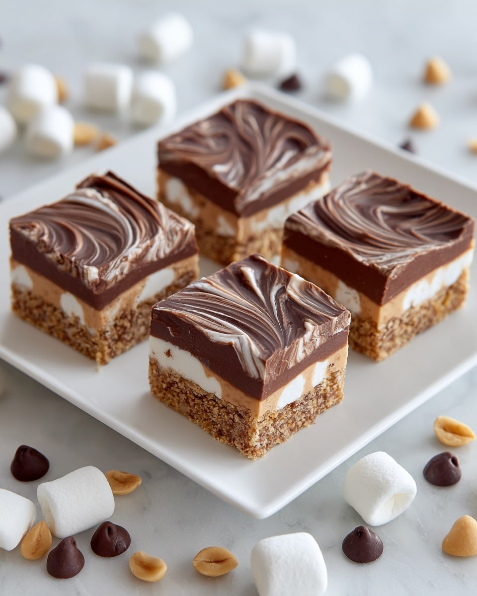 Five square pieces of dessert are placed on a white square plate. Each piece has two layers: a base layer with a light brown color and a rough texture, and a top layer of smooth, dark brown chocolate spread with visible swirls. The plate sits on a white marbled textured surface scattered with small white marshmallows, light brown peanuts, and dark brown chocolate chips. Photo taken with an iphone --ar 4:5 --v 7