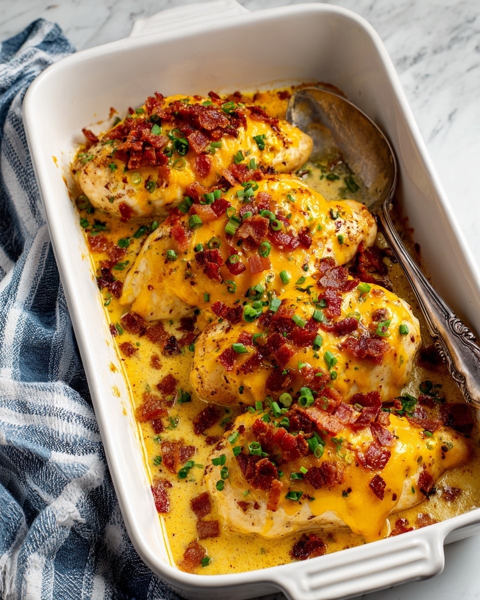 The dish shows a white rectangular baking dish filled with three large pieces of chicken covered with a rich, creamy layer of melted yellow and orange cheddar cheese, speckled with crispy dark red bacon bits and bright green chopped scallions scattered on top. The chicken rests in a smooth, pale sauce visible at the edges beneath the cheesy topping. A silver serving spoon is partially inserted under one piece of chicken, and a blue-and-white striped cloth is slightly seen in the background over a white marbled surface. Photo taken with an iphone --ar 4:5 --v 7