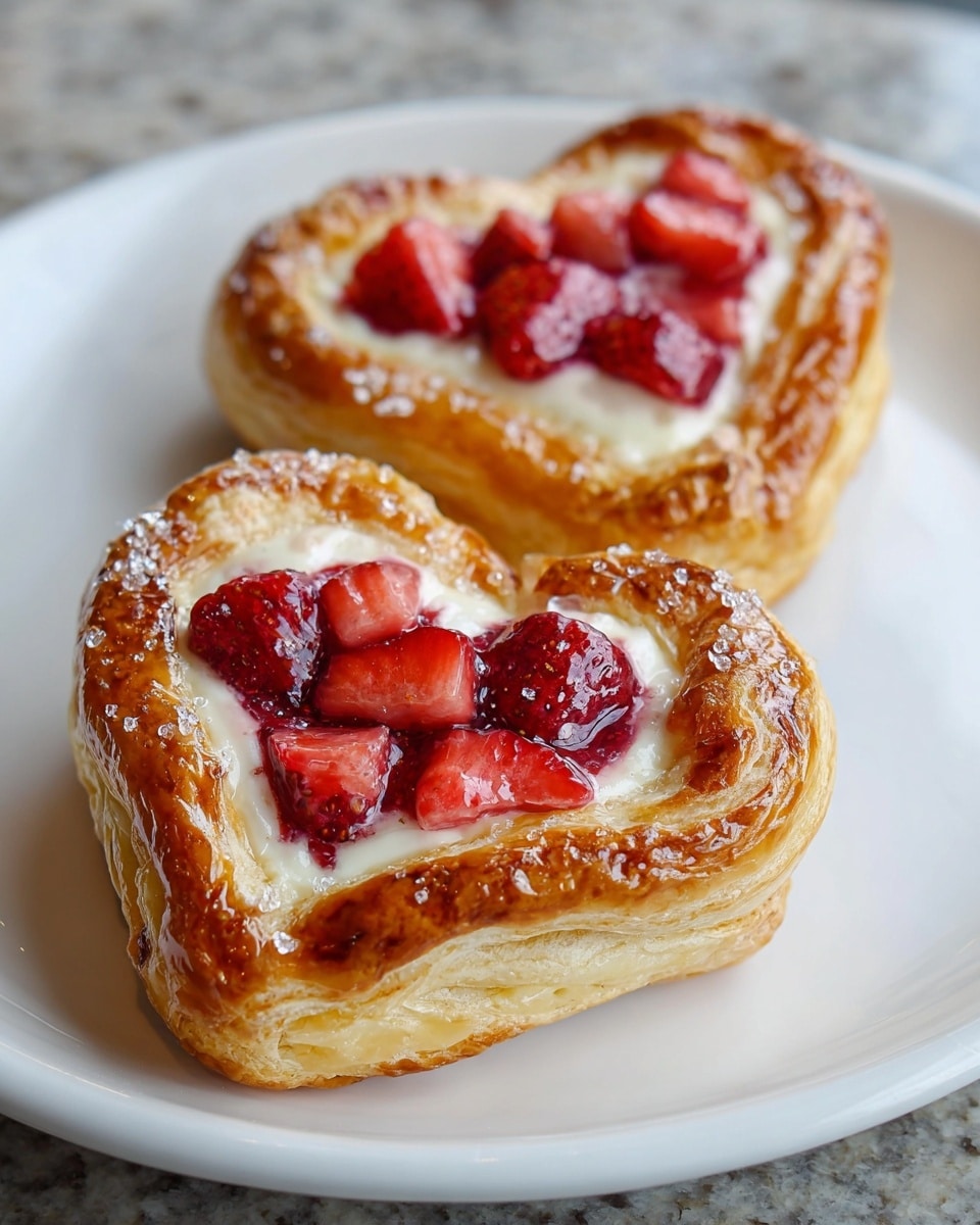 Two heart-shaped pastries sit on a white plate over a white marbled surface. Each pastry has four layers of golden-brown flaky puff pastry forming the base and sides with a shiny finish. The center of each heart is filled with a creamy white layer, topped with small chunks of bright red strawberries covered in a clear glaze that adds shine and texture. The edges of the pastries are slightly puffed and crisp with some sugar crystals sprinkled on top. Photo taken with an iphone --ar 4:5 --v 7