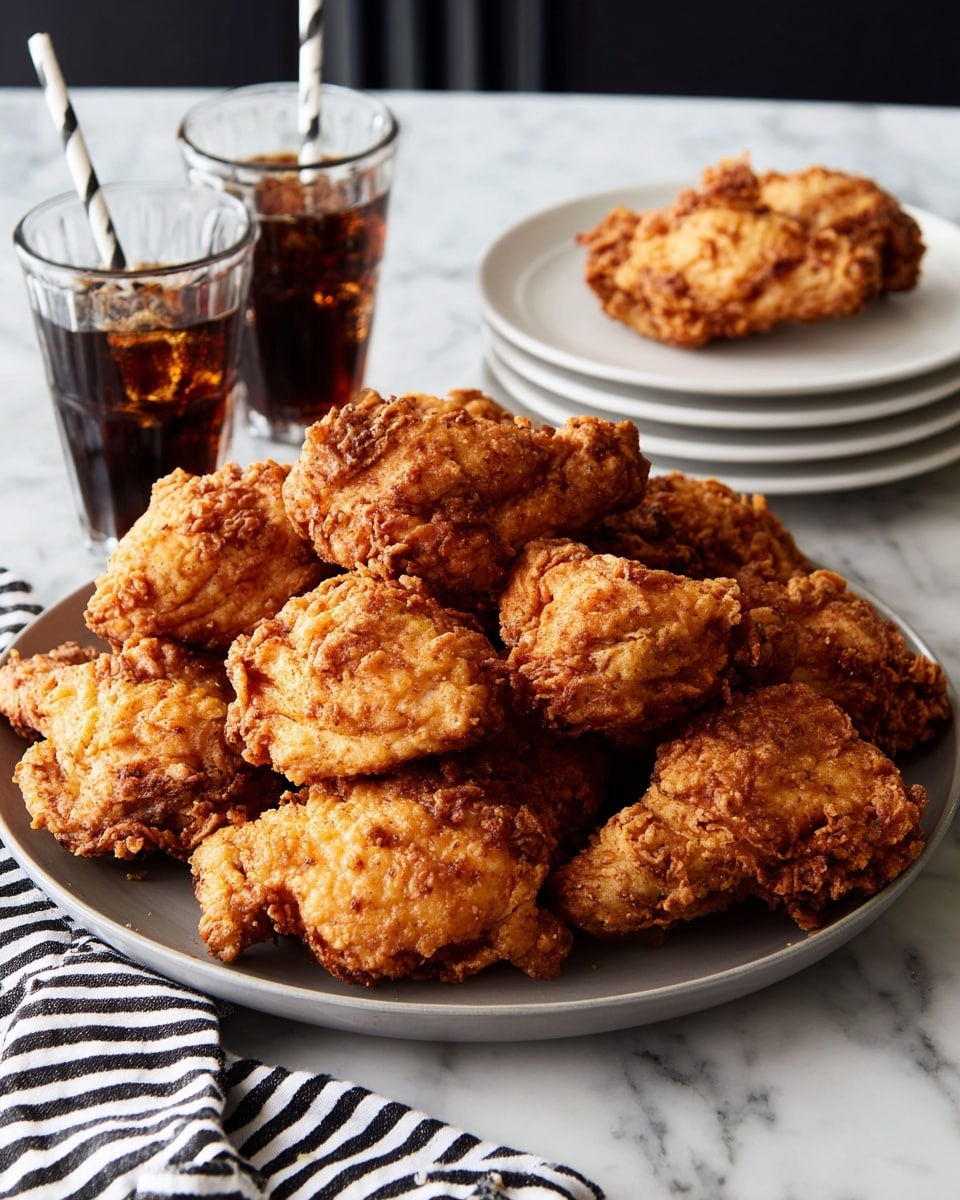 The image shows a large round grey plate filled with nine pieces of golden brown fried chicken with a rough, crispy, and crunchy texture stacked on top of each other, showing their uneven and craggy surface. Nearby, there is a small stack of two white square plates with a single piece of the same fried chicken on top. In the background, two small glass bottles filled with dark soda sit next to each other, each with a white and black striped straw sticking out. The scene is set on a white marbled surface with a black and white striped cloth partially visible at the bottom left corner. Photo taken with an iphone --ar 4:5 --v 7