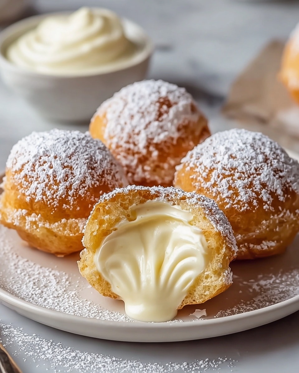 This image shows six cream puffs on a white plate placed on a white marbled surface. Five of the cream puffs are whole, round, and golden brown with a light dusting of white powdered sugar on top, showing a shell that looks slightly ridged. The sixth cream puff is split open in the front, revealing a thick, creamy pale yellow filling that is soft and oozing out toward the plate. More powdered sugar is scattered around the cream puffs on the plate. Photo taken with an iphone --ar 4:5 --v 7