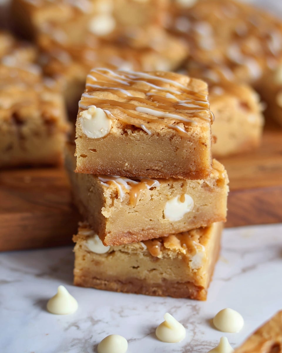 A close-up of a stack of three blondie squares with a light golden-brown color and a soft, crumbly texture. Each blondie has visible white chocolate chips inside and is topped with thin swirls of caramel sauce, giving a glistening effect. The top blondie shows a slightly cracked surface, adding to the texture detail. The stack sits on a wooden board placed on a white marbled surface, with a few white chocolate chips scattered around. In the background, more blondies are visible, slightly blurred to keep focus on the stacked pieces. photo taken with an iphone --ar 4:5 --v 7