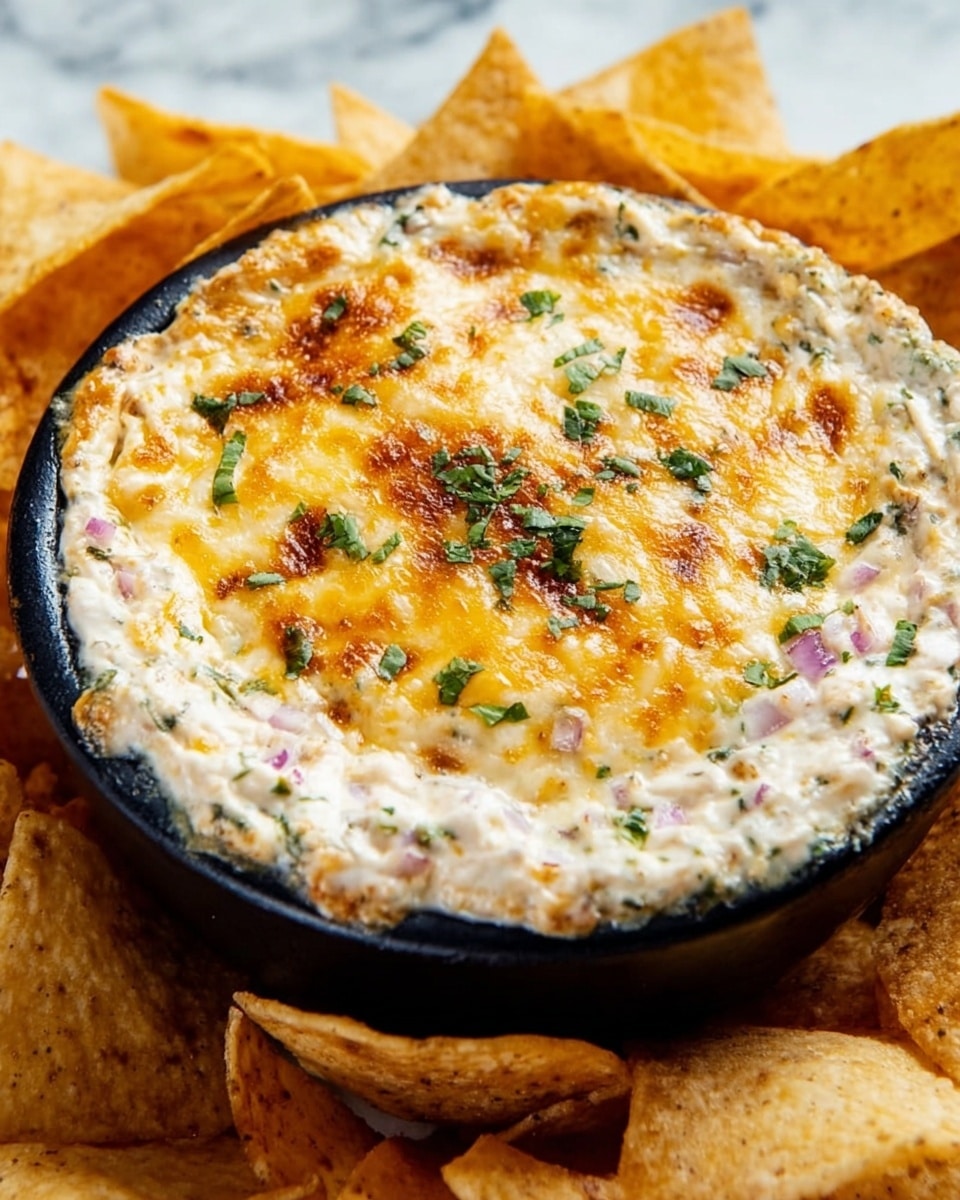 A black bowl filled with a creamy white and light beige dip mixed with small bits of green herbs and purple onions, topped with a thick layer of golden brown melted cheese that has a slightly bubbly and toasted texture, garnished with small green herb pieces on top; the bowl is surrounded by crispy triangular beige chips. The dish is placed on a white marbled surface. photo taken with an iphone --ar 4:5 --v 7