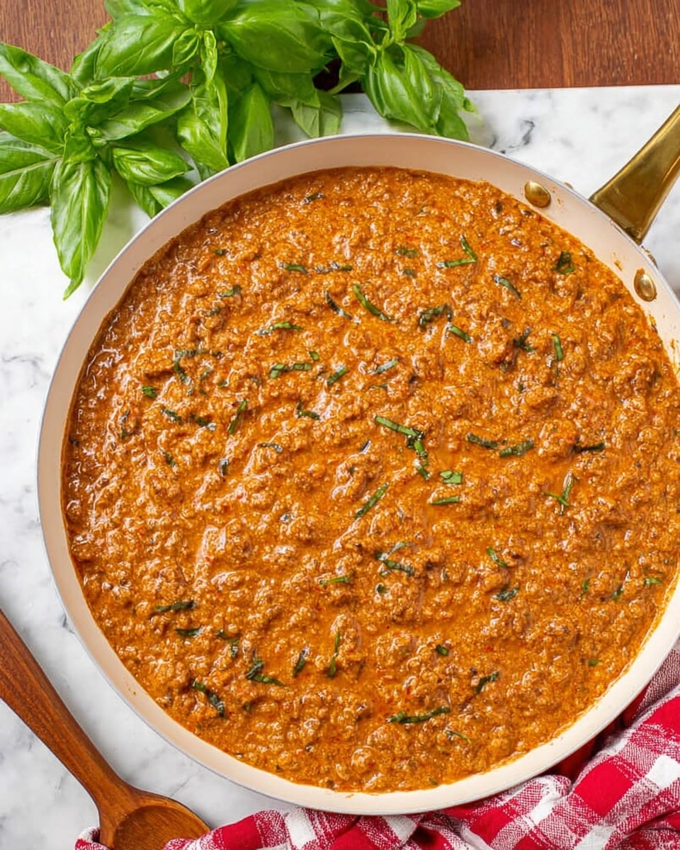 A white round bowl filled with spaghetti pasta mixed evenly with a rich brown meat sauce, showing a thick texture with visible ground meat pieces and bits of herbs. On top, there is a small garnish of fresh green basil leaves placed in the center. The bowl is placed on a white marbled surface next to some fresh basil sprigs and a red and white checkered cloth. The handle of a black and golden spoon rests next to the bowl. Photo taken with an iphone --ar 4:5 --v 7