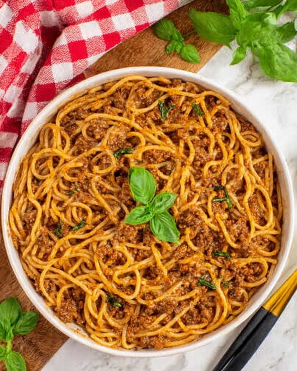A large white pan filled with a thick, creamy meat sauce that has a rich orange-brown color with small green herb bits scattered throughout. The sauce appears smooth with some texture from the ground meat and finely chopped ingredients. Fresh bright green basil leaves are placed behind the pan, and a wooden spoon rests below it on a white marbled surface. A red and white checkered cloth is partially visible to the right. The pan has a long brass handle extending to the upper right corner. Photo taken with an iphone --ar 4:5 --v 7
