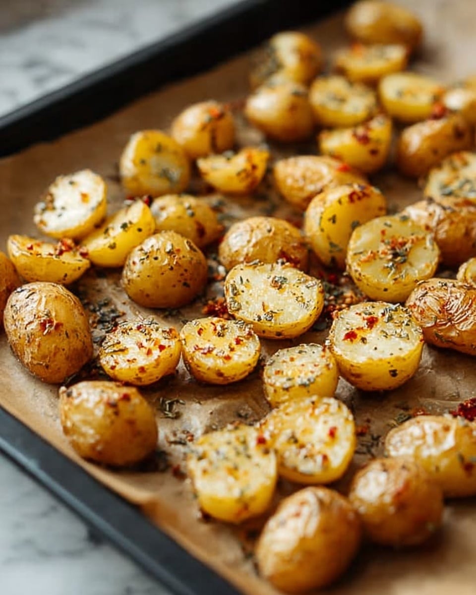 A white oval plate is filled with many small, halved roasted potatoes that have a golden brown grilled surface, mixed with some softer, lighter yellow insides showing where they are cut. The potatoes are sprinkled with green herbs, adding a fresh touch. The plate is placed on a wooden table next to a green and white cloth and silver cutlery. In the background, there are faint blurred shapes of a fork and small white bowls, all on a white marbled texture. photo taken with an iphone --ar 4:5 --v 7