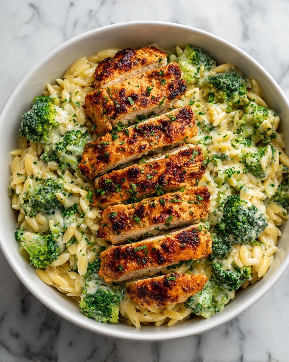 A white bowl filled with creamy orzo pasta mixed with green broccoli florets, all coated in a light creamy sauce with herbs. On top, there are seven golden-brown, crispy pieces of grilled chicken with a slightly charred texture and sprinkled with chopped green herbs. The broccoli is bright green and slightly wet with creamy sauce, placed evenly around and under the chicken. The orzo pasta looks soft and well cooked, slightly yellow from the sauce. The bowl sits on a white marbled surface. photo taken with an iphone --ar 4:5 --v 7