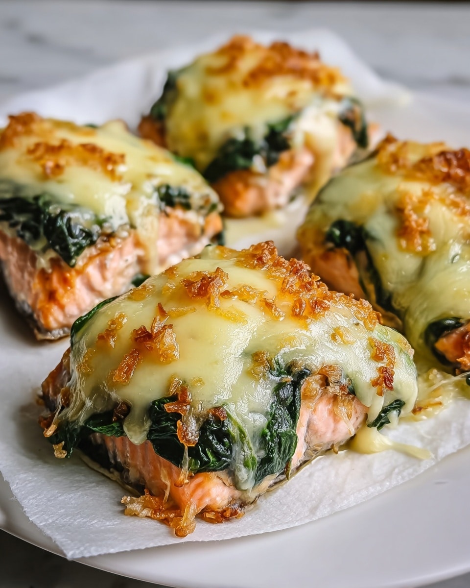 The image shows three pieces of cooked salmon fillets arranged on a white marbled surface, each topped with a thick layer of wilted dark green spinach and melted golden brown cheese. The salmon layer is pink with slight charring on the edges, beneath the vibrant spinach and creamy, bubbly cheese that covers the top and drapes slightly down the sides. The cheese has a lumpy texture with some browned spots, indicating it was baked or broiled. The surface beneath the salmon appears glossy with some oil or juices around the base of the fillets. photo taken with an iphone --ar 4:5 --v 7