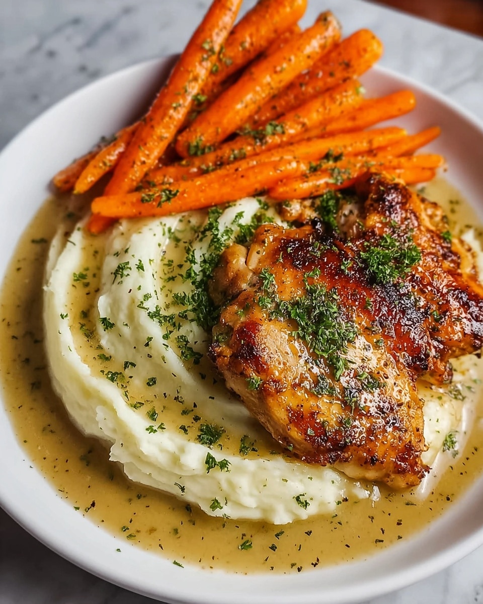 A white plate holds a dish with three main layers: at the bottom, there is a smooth, creamy white mashed potato layer that looks soft and thick; on top of the mashed potatoes, there are two golden-brown, crispy grilled chicken pieces glistening with a shiny, slightly oily texture and sprinkled with chopped green parsley; next to the chicken, a bunch of bright orange roasted baby carrots with visible black pepper and herb seasoning lay neatly side by side. The entire plate is covered with a light brown gravy that pools at the base and has visible specks of herbs throughout, adding a glossy finish. The background features a white marbled surface. photo taken with an iphone --ar 4:5 --v 7