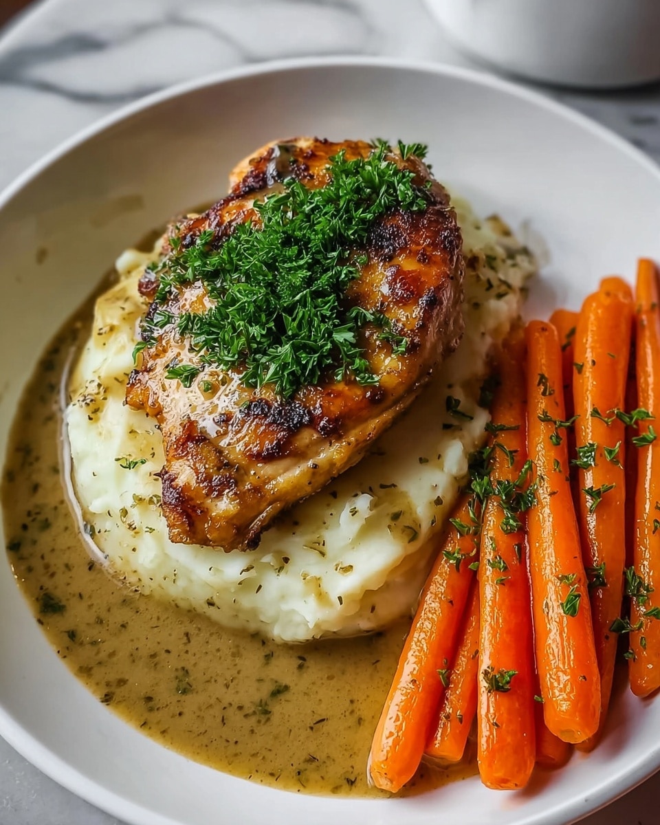 The dish shows a grilled piece of chicken with a golden-brown crispy skin topped with chopped fresh green parsley, placed over a smooth, creamy layer of mashed potatoes that are slightly fluffy and white. Around the base of the mashed potatoes, there is a thick, herb-speckled brown gravy that also covers the lower part of the chicken. On the right side of the plate, there is a neat row of bright orange glazed baby carrots with green tops, sprinkled lightly with dried herbs. All the food is arranged on a white plate, and the background features a white marbled surface. photo taken with an iphone --ar 4:5 --v 7