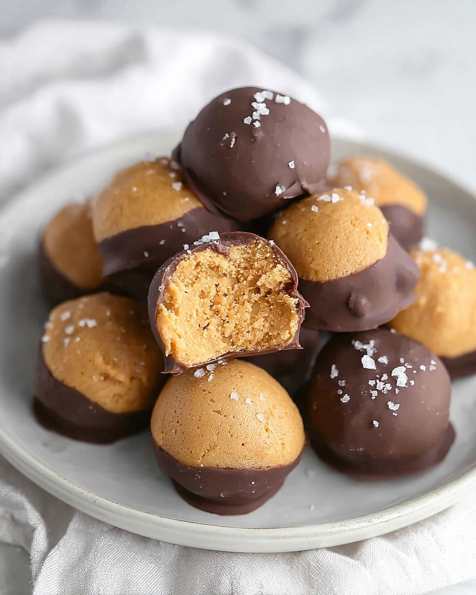 The image shows a baking tray lined with white parchment paper on a white marbled surface, holding 20 round peanut butter balls dipped halfway in dark chocolate at the bottom. Each ball is smooth and light brown on the top half, with a glossy dark chocolate coating covering the bottom half. The chocolate coating creates random small drips and slight pooled spots underneath some balls, giving a fresh dipped look. The tray is metal with a slight gray finish, and the peanut butter balls are evenly spaced across the tray in a neat grid pattern. Photo taken with an iphone --ar 4:5 --v 7