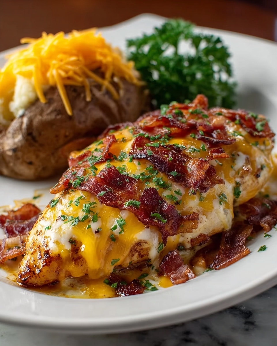 A white oval plate holds a grilled chicken breast as the main focus, topped with a rich layer of melted yellow cheddar and white cheese, covered evenly with several crispy strips of reddish-brown bacon. The cheese is slightly gooey with a shiny texture, blending with the chicken's golden-brown surface. Sprinkled fresh green parsley bits add a touch of color and freshness on top. At the back of the plate, a whole baked potato with a slightly rough skin is topped with shredded bright orange cheddar cheese, and there is a small bunch of green parsley on the side. The dish is set on a white marbled texture. photo taken with an iphone --ar 4:5 --v 7