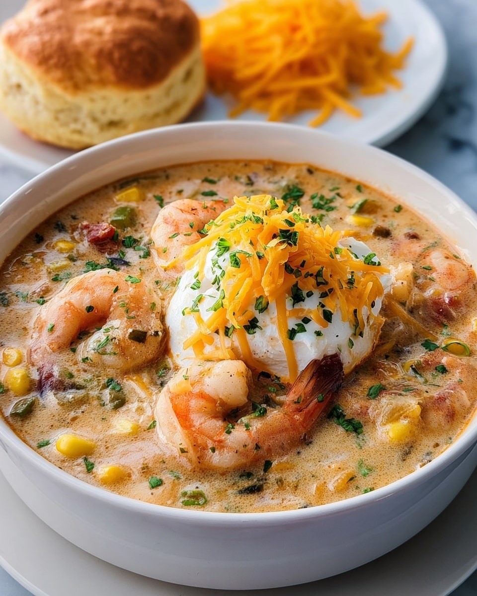 A white bowl filled with creamy shrimp chowder showing several pink-orange shrimp in a rich, thick beige broth with visible yellow corn kernels, chopped herbs, and small bits of vegetables; in the center of the bowl, a poached white egg topped with melted orange-yellow shredded cheese and sprinkled green herbs sits on top of the chowder. In the background, a white plate holds a golden brown biscuit and a small pile of shredded cheddar cheese, all set on a white marbled surface. photo taken with an iphone --ar 4:5 --v 7