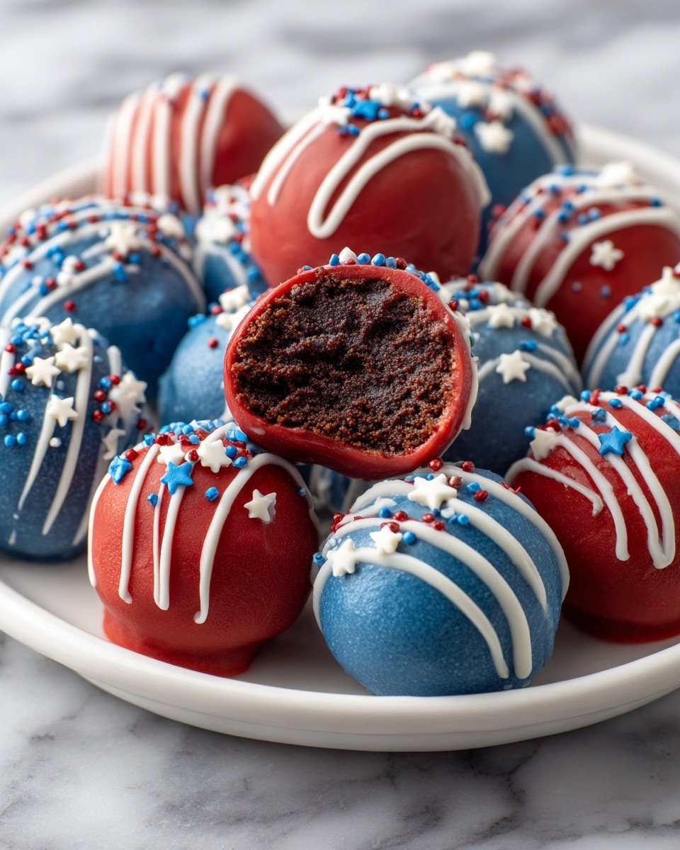 The image shows a plate full of round cake balls decorated in red, white, and blue colors. Some cake balls are coated with blue icing and topped with small white star-shaped sprinkles, while others are covered in red icing with white icing stripes drizzled over them. One red cake ball is cut open, revealing a dark, moist chocolate inside. The plate is white and placed on a white marbled surface. photo taken with an iphone --ar 4:5 --v 7
