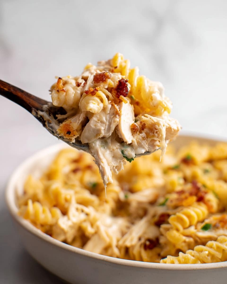 A close-up of a spoonful of baked pasta lifted above a white bowl filled with the same pasta dish. The pasta layer consists of curly golden-yellow pasta mixed with creamy white sauce. Pieces of shredded white chicken are visible, along with small bits of browned bacon scattered throughout. The pasta looks soft and coated with melted cheese, some parts appearing slightly browned and crispy. The bowl sits on a white marbled surface, and the spoon has a dark wooden handle. The focus is on the pasta on the spoon, with the rest of the bowl slightly blurred in the background. photo taken with an iphone --ar 4:5 --v 7