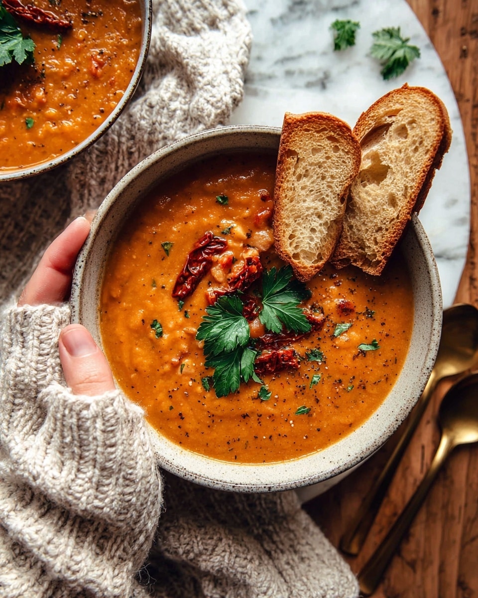 A bowl filled with thick orange-brown soup that has visible small chunks and pieces, topped with two green parsley leaves and small pieces of dark red sun-dried tomatoes. Two pieces of light brown toasted bread sit on the edge of the bowl. The bowl is set on a white marbled surface next to a woman's hand wearing a chunky knitted beige sweater. Part of another bowl with the same soup and two golden spoons are also visible nearby. Photo taken with an iphone --ar 4:5 --v 7