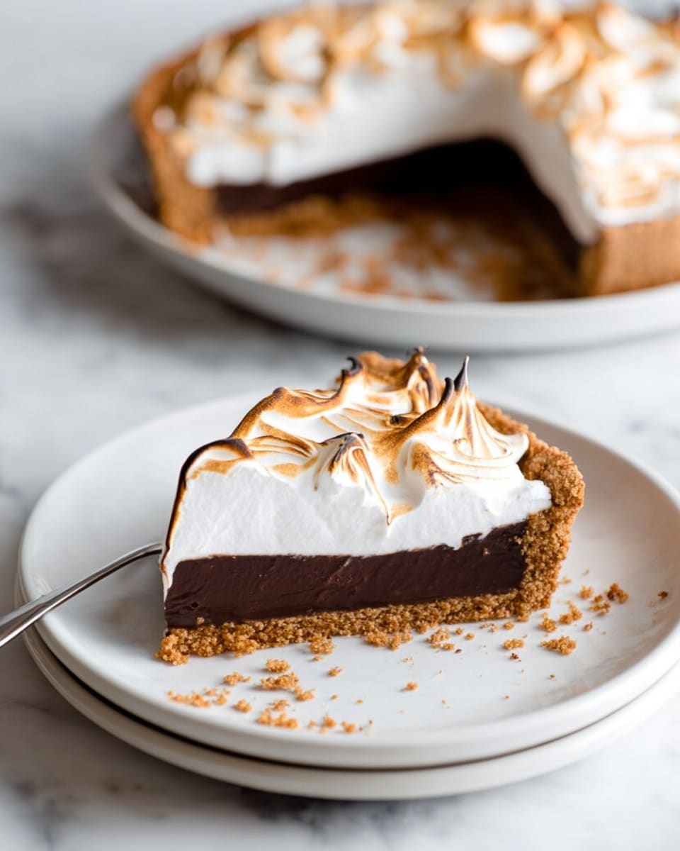 A slice of pie has three layers on a white plate with a silver fork beside it; the bottom layer is a crumbly light brown crust, the middle layer is a smooth dark brown chocolate filling, and the top layer is white fluffy meringue with swirled golden browned peaks. In the background, the pie with one slice missing is placed on a white plate, showing the same three layers and scattered crumbs on the plate. The surface under the plates is white marbled texture. Photo taken with an iphone --ar 4:5 --v 7