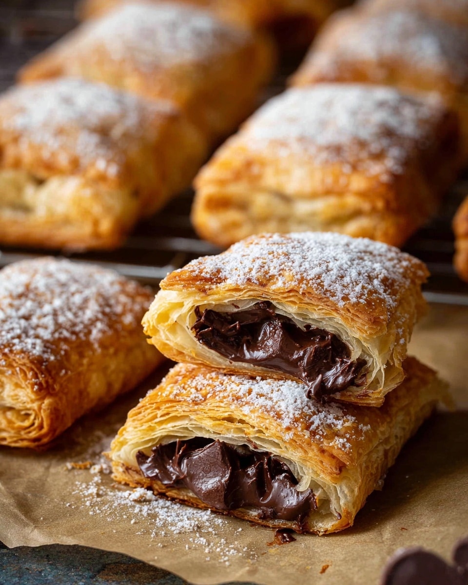 The image shows a close-up of small rectangular pastries with a golden-brown, flaky crust dusted with powdered sugar. Each pastry has several thin, crisp layers on the outside, with the center filled with rich, dark melted chocolate chunks visible in the halved pieces at the front. The pastries are resting on light brown parchment paper, with more pastries cooling on a wire rack in the background. The texture of the puff pastry is light and crispy, contrasting with the smooth, dense chocolate filling inside. Photo taken with an iphone --ar 4:5 --v 7