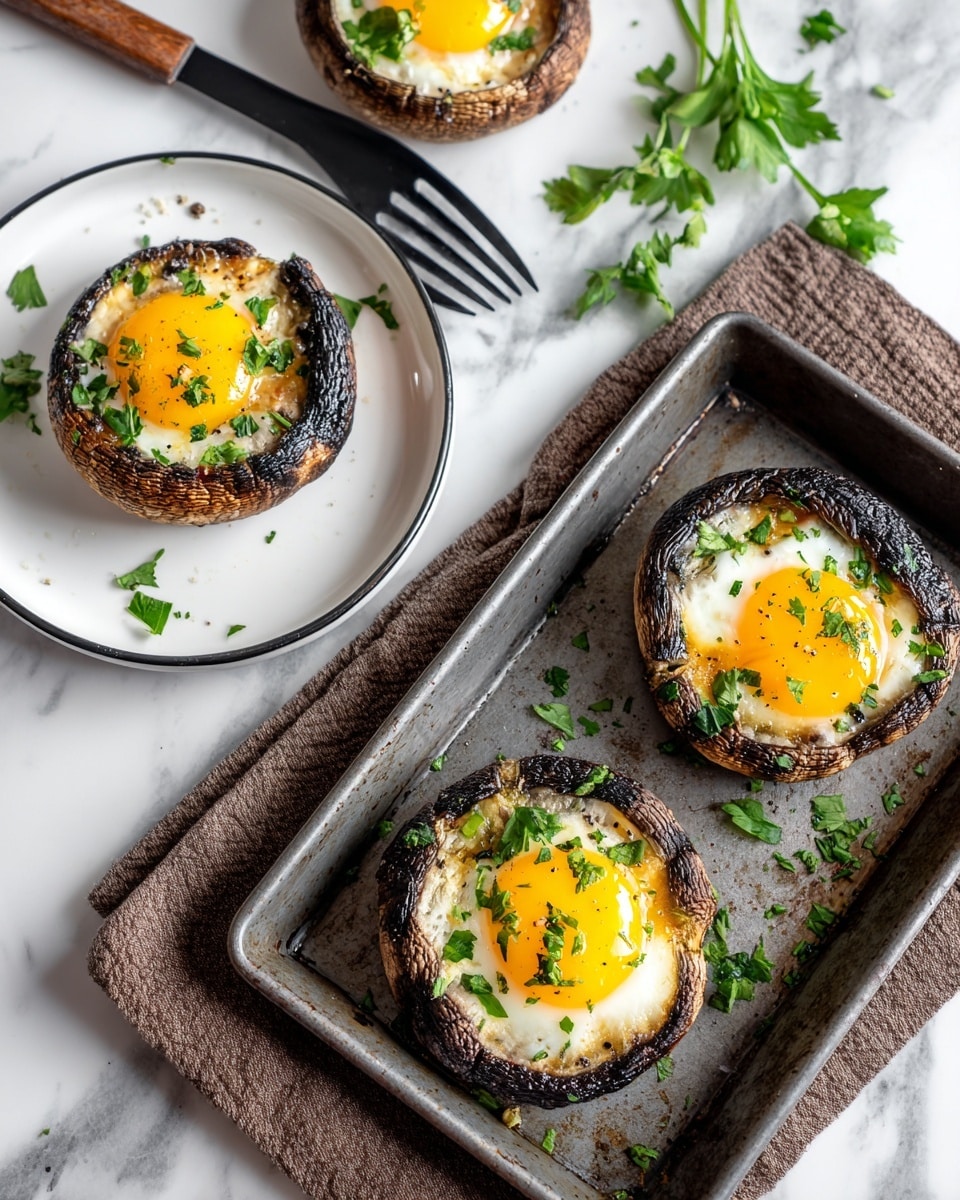 A single large grilled mushroom cap with a dark brown and textured edge sits on a white plate with some light brown specks around it. Inside the mushroom cap is a cooked fried egg with a bright yellow yolk in the center and a white cooked egg white layer surrounding it. On top of the egg, there are fresh green cilantro leaves scattered with small black pepper specks sprinkled over the egg. The plate rests on a white marbled texture. photo taken with an iphone --ar 4:5 --v 7