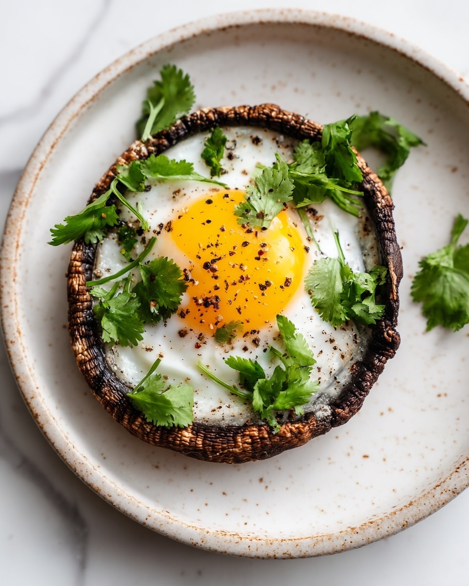 The image shows three baked mushrooms with eggs inside. Each mushroom has a dark brown, slightly charred outer edge. Inside, there is a cooked egg with a bright yellow yolk sitting on a white egg white layer, topped with small green herb pieces, likely parsley, sprinkled over. Two mushrooms are on a dark metal tray with some green herb bits scattered around, while the third mushroom is on a small white plate with a simple black rim. A black spatula rests inside the tray on a brown cloth, with the whole setting on a white marbled surface. photo taken with an iphone --ar 4:5 --v 7