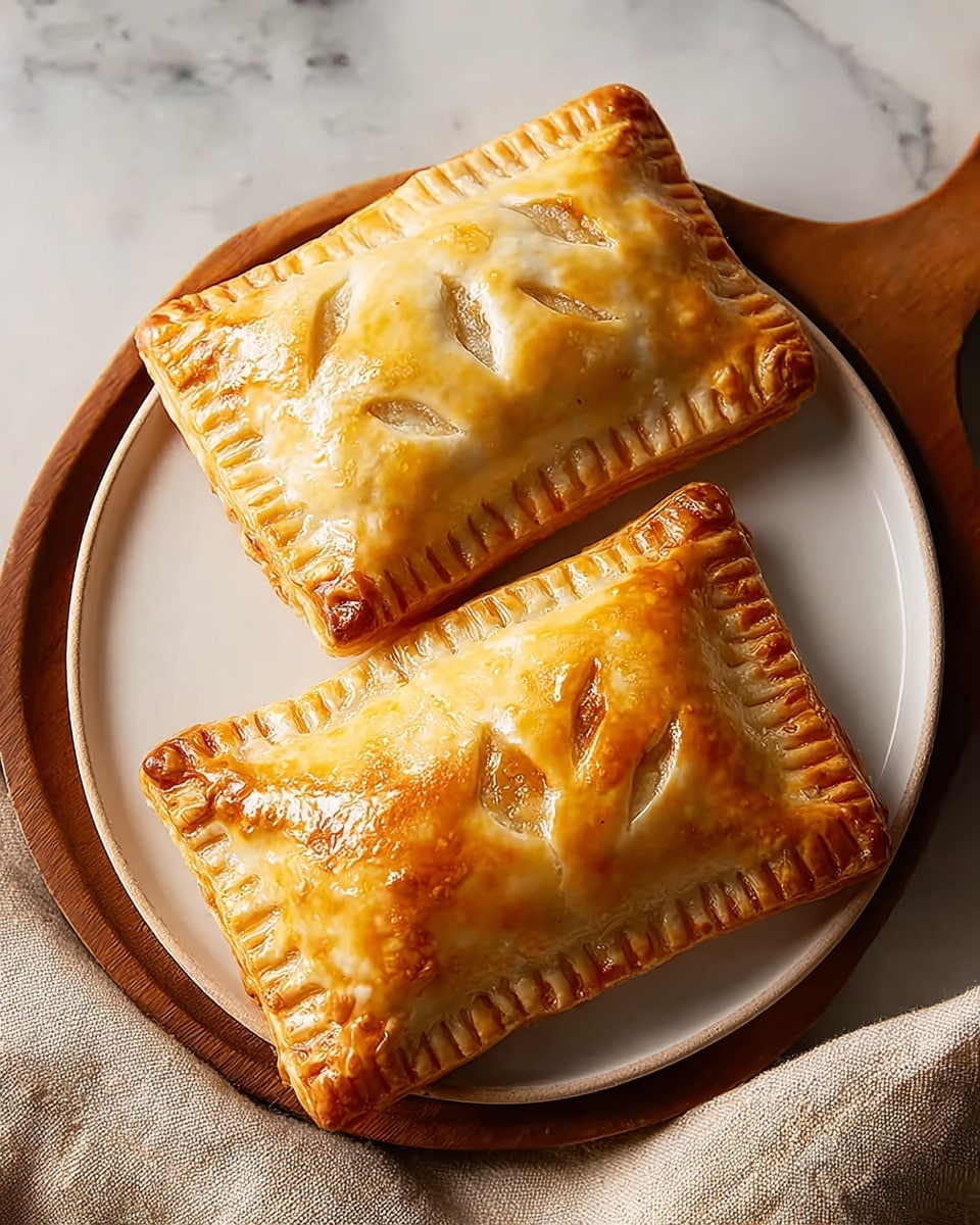 Two golden-brown rectangular pastries sit on a white round plate, each with crimped edges sealed by fork marks and a few small, triangular vent cuts on the top layer of glossy, baked dough. The crust looks flaky and slightly puffed, with a shiny surface indicating an egg wash. The pastries are placed side by side, with one slightly overlapping the other. The plate rests on a white marbled surface with a beige cloth partially visible beside it. photo taken with an iphone --ar 4:5 --v 7